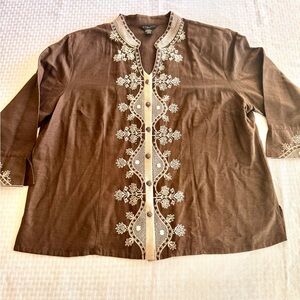 Silkland Woman Embroidered Silk Tunic Top Womens 2X Brown Boho Button Front
